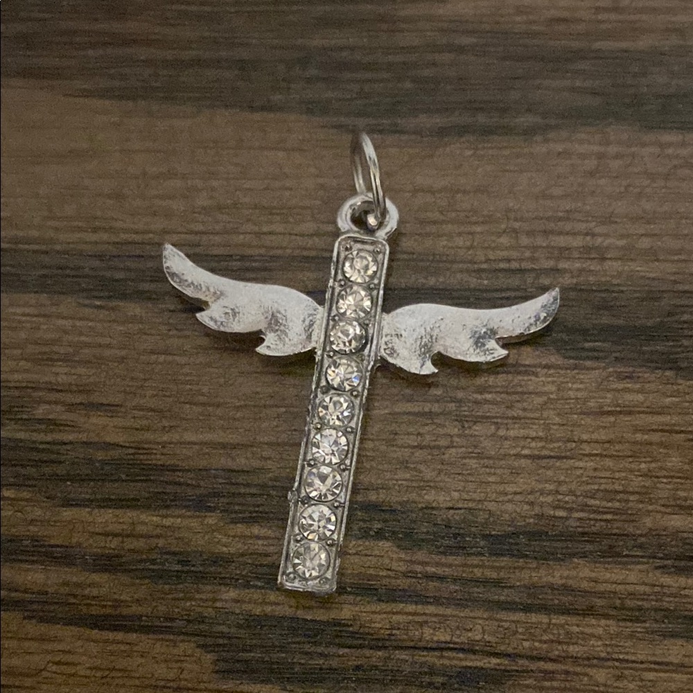 Silver tone Cross with Angel wings and faux diamonds charm pendant